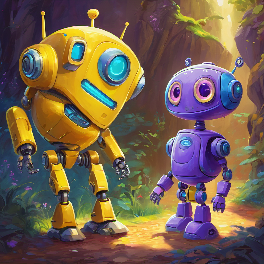 Yellow robot with big blue eyes and Purple robot with curious green eyes getting lost in the storybook, imagining exciting adventures