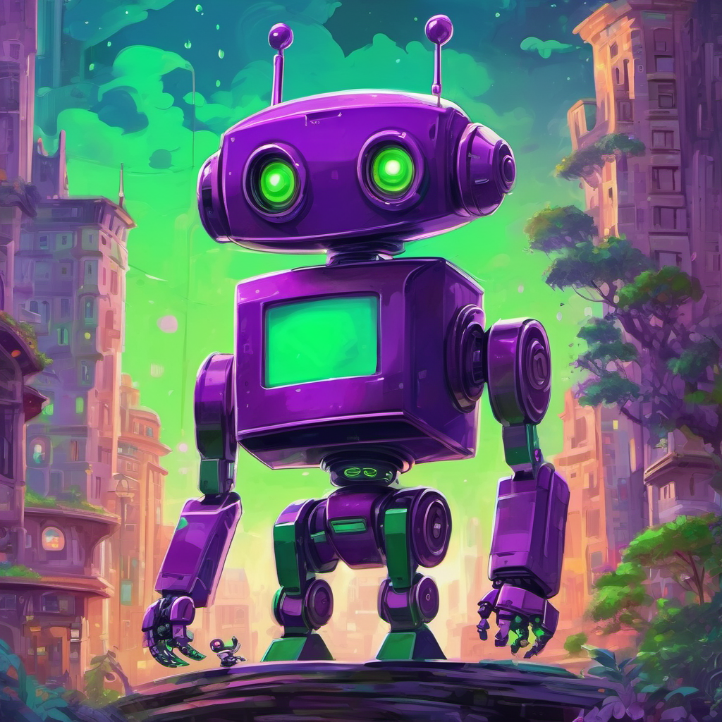 Purple robot with curious green eyes noticing the comic book cover and wondering about the man's dreams