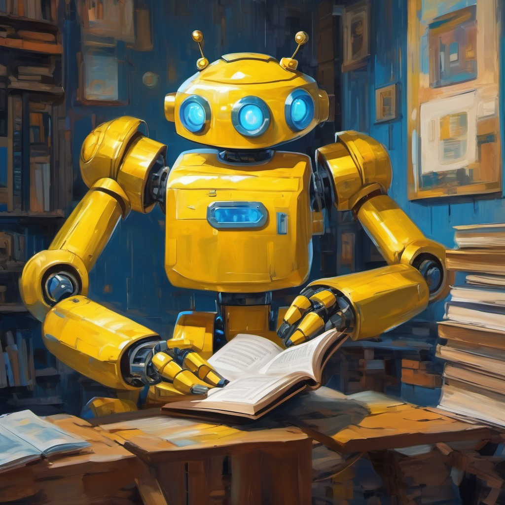 Yellow robot with big blue eyes noticing the illustration of a robot reading and feeling inspired