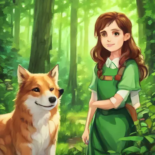 Introduction to Brave girl with brown hair and sparkling green eyes, always smiling and her love for animals and the mystical forest.