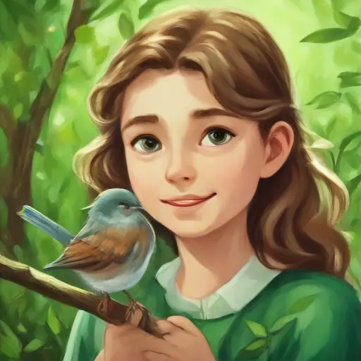 Brave girl with brown hair and sparkling green eyes, always smiling discovers the plight of the Whispering Sparrow.
