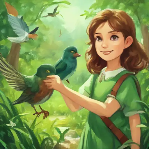 Brave girl with brown hair and sparkling green eyes, always smiling decides to help the endangered bird and begins her journey.