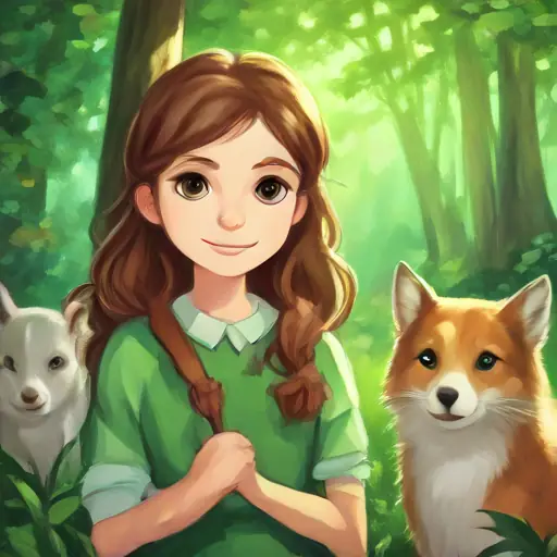 Introduction to Brave girl with brown hair and sparkling green eyes, always smiling and her love for animals and the mystical forest.