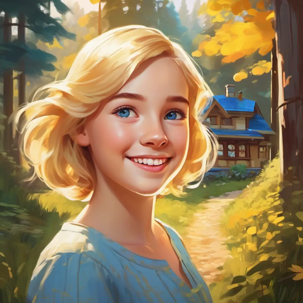 Introducing Golden-haired young girl with a bright smile and blue eyes, golden-haired girl, house beside a forest.