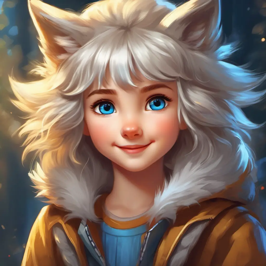 Golden-haired young girl with a bright smile and blue eyes playing, transforms into wolf character, Soft gray-furred little wolf with curious, sparkling eyes.