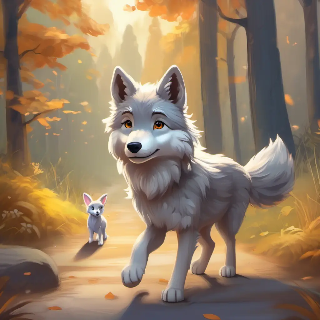 Soft gray-furred little wolf with curious, sparkling eyes leaves rabbit, walks home confidently.