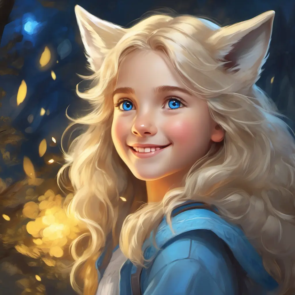 Golden-haired young girl with a bright smile and blue eyes's return, retains Soft gray-furred little wolf with curious, sparkling eyes's bravery for tomorrow.