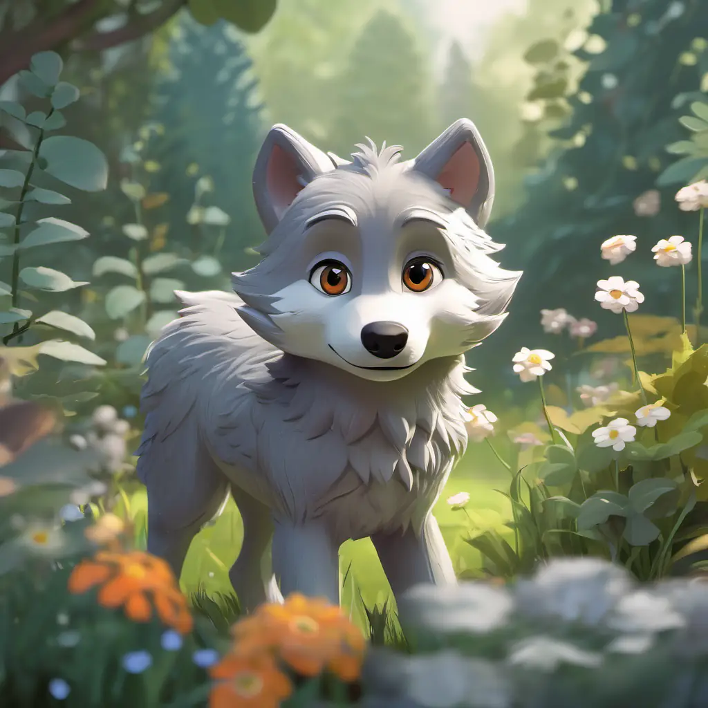 Describing Soft gray-furred little wolf with curious, sparkling eyes, soft gray fur, exploring the garden.