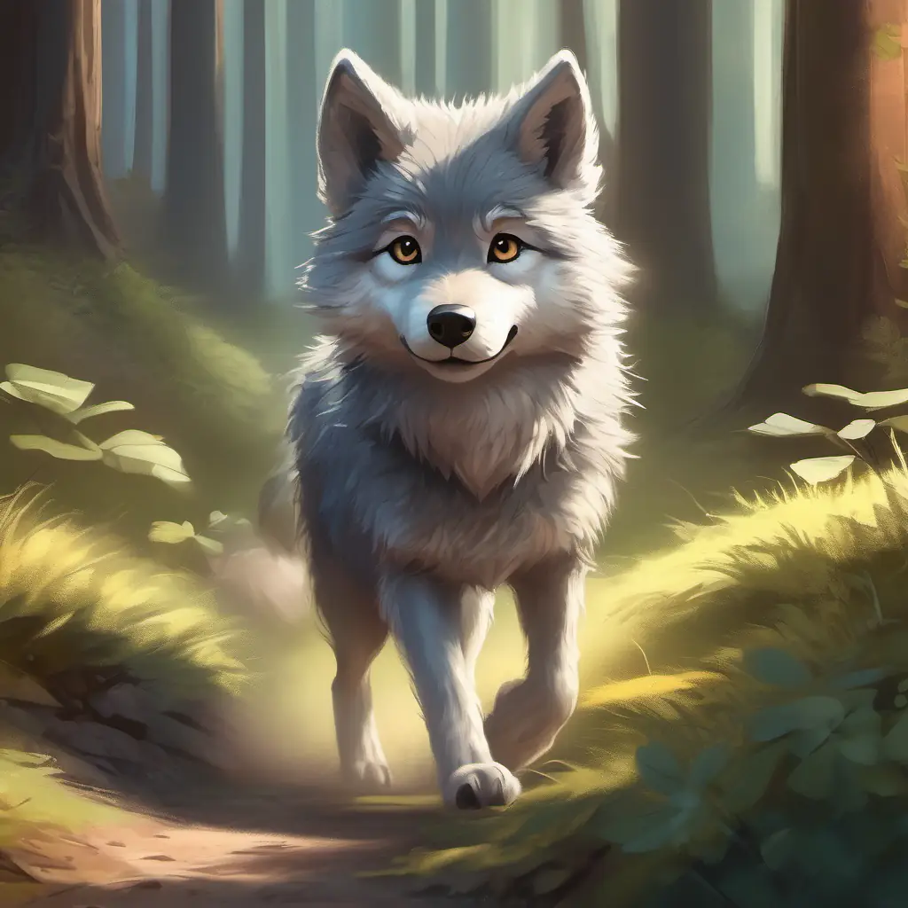 Soft gray-furred little wolf with curious, sparkling eyes finds a trail, decides to enter the woods.