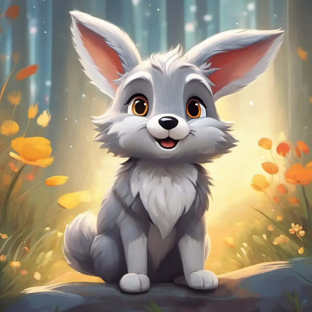 Rabbit is grateful, Soft gray-furred little wolf with curious, sparkling eyes feels happy, friendship formed.