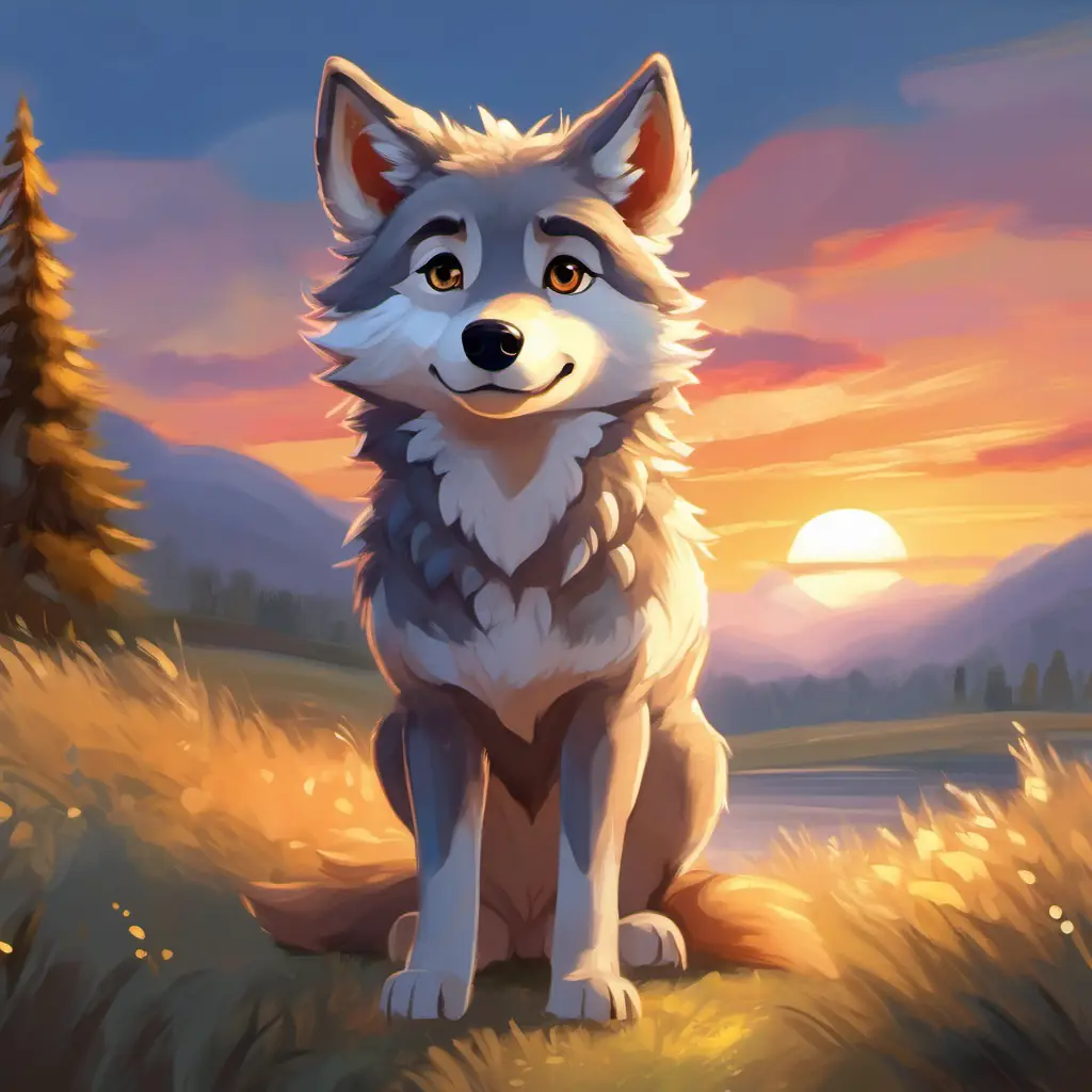 Sunset, Soft gray-furred little wolf with curious, sparkling eyes remembers home, time to return.