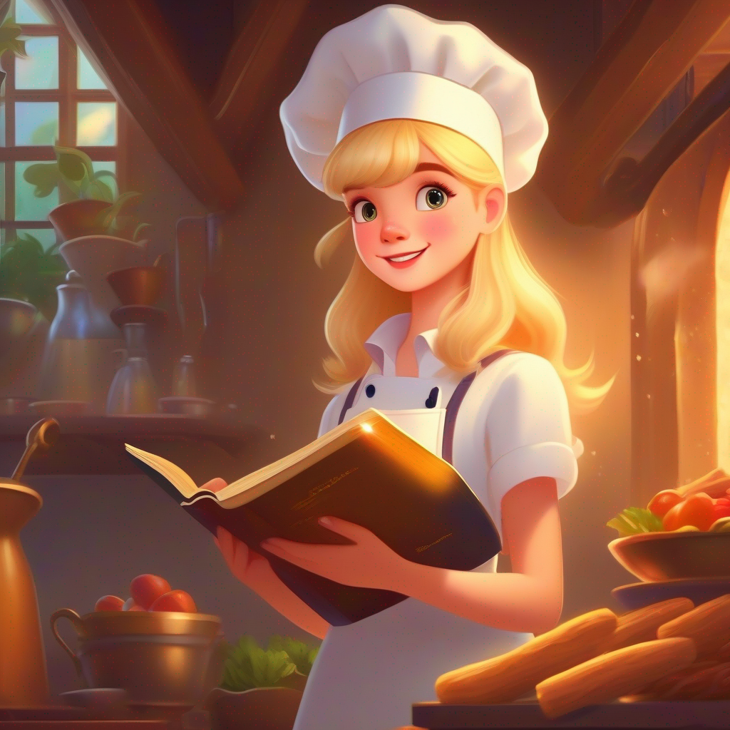 Lily: A girl with blonde hair, wearing a chef's hat. finds a magical recipe book in the attic.