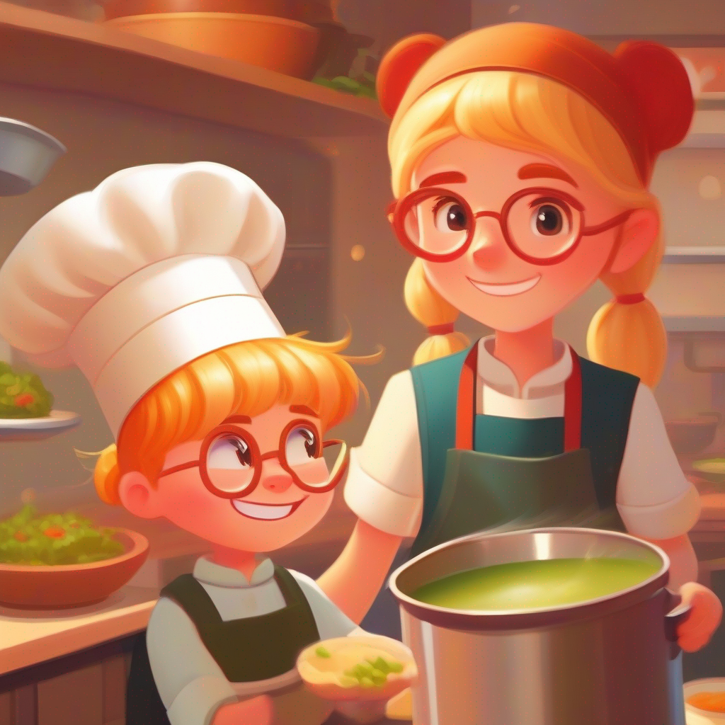 Lily: A girl with blonde hair, wearing a chef's hat. makes a Healing Soup to help her friend Timmy: Lily's best friend with red hair and glasses..