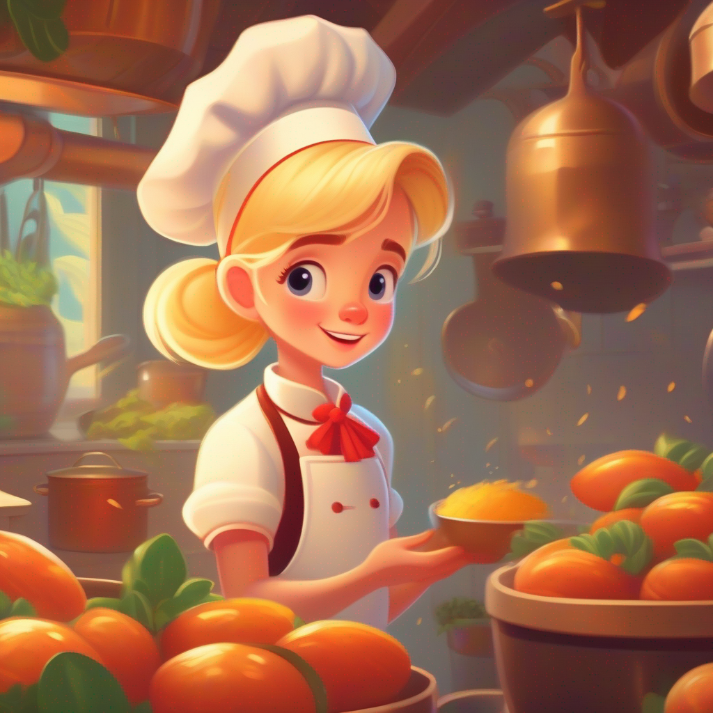Lily: A girl with blonde hair, wearing a chef's hat. learns that sharing brings real magic to her kitchen.