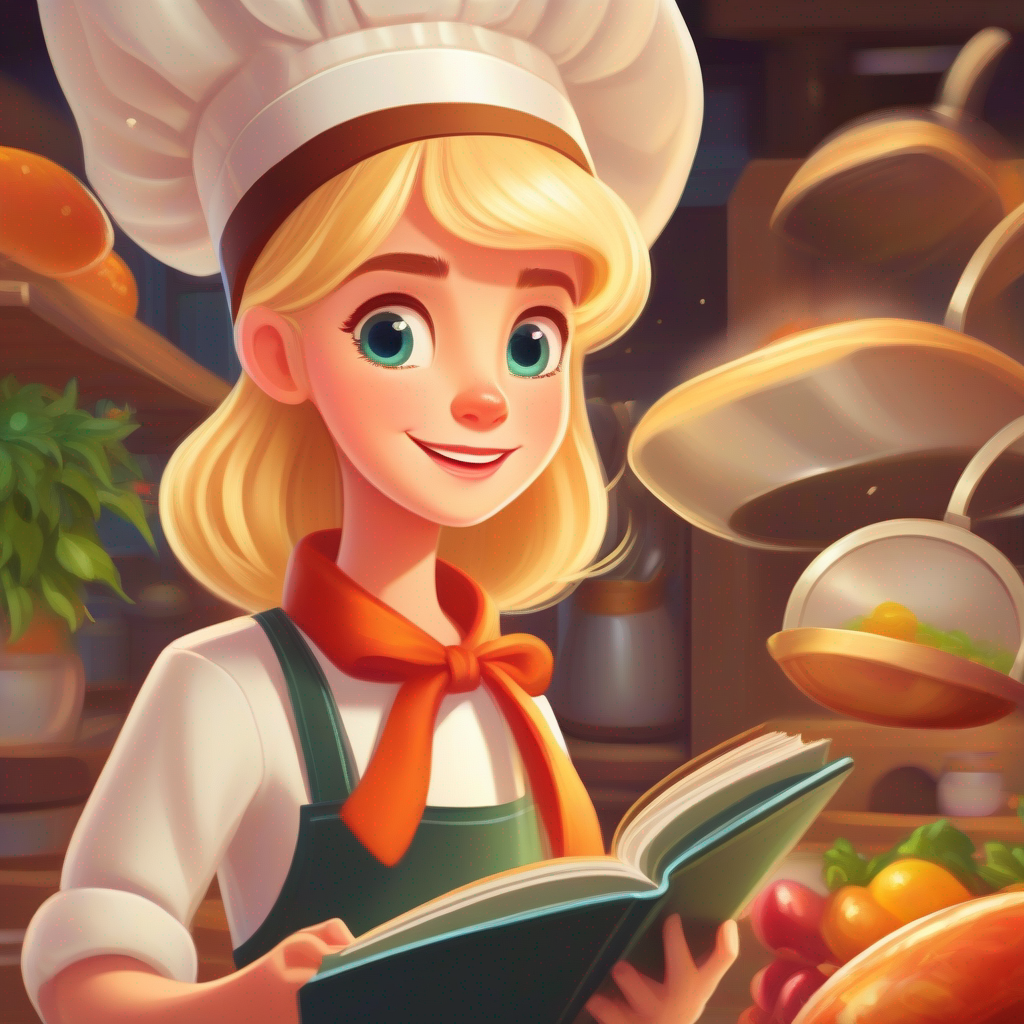 Lily: A girl with blonde hair, wearing a chef's hat. realizes the magic recipe book is a special gift.