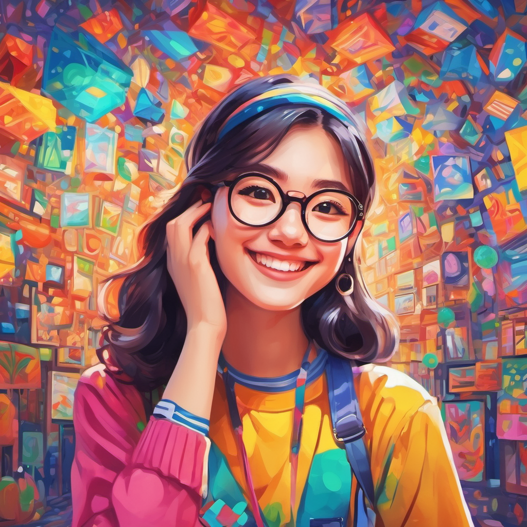 A creative girl with glasses, wearing colorful clothes smiling, surrounded by colorful artwork and smartphone