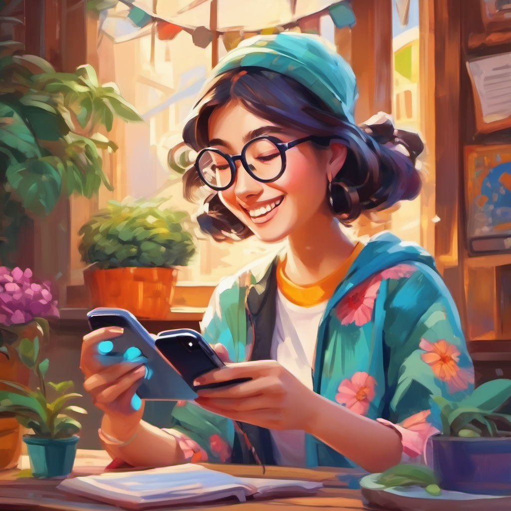A creative girl with glasses, wearing colorful clothes happily reading comments and messages on her phone