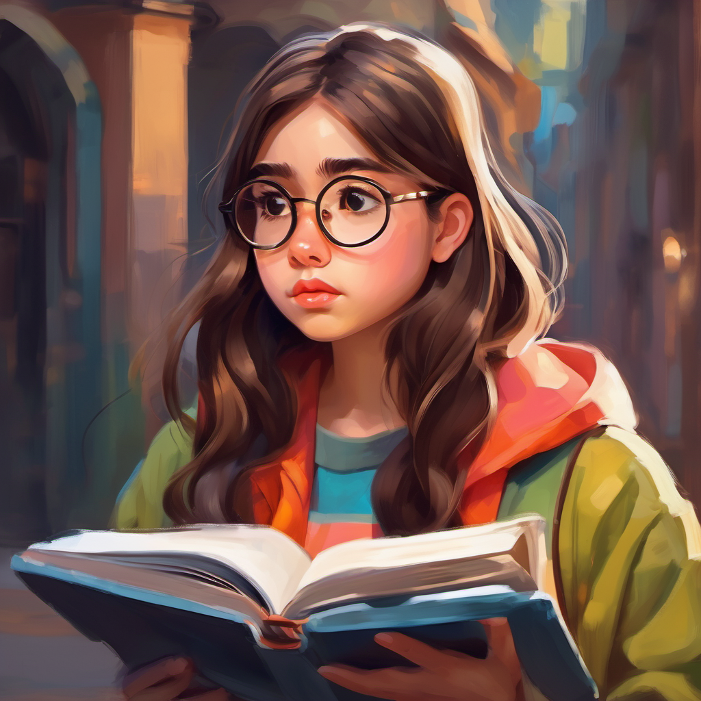 A creative girl with glasses, wearing colorful clothes looking concerned, A shy girl with long brown hair, holding a sketchbook looking sad and frustrated