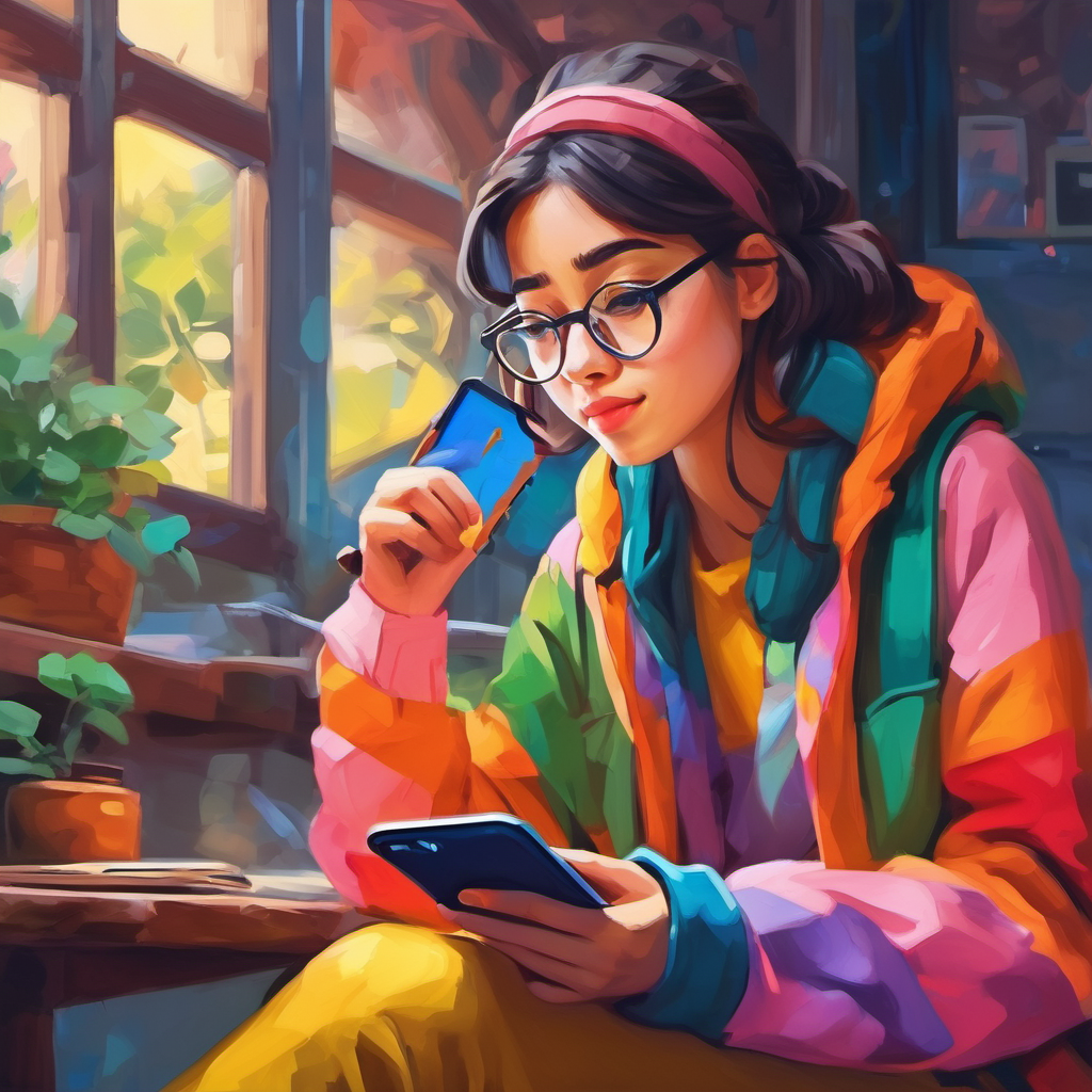 A creative girl with glasses, wearing colorful clothes typing a thoughtful message on her phone