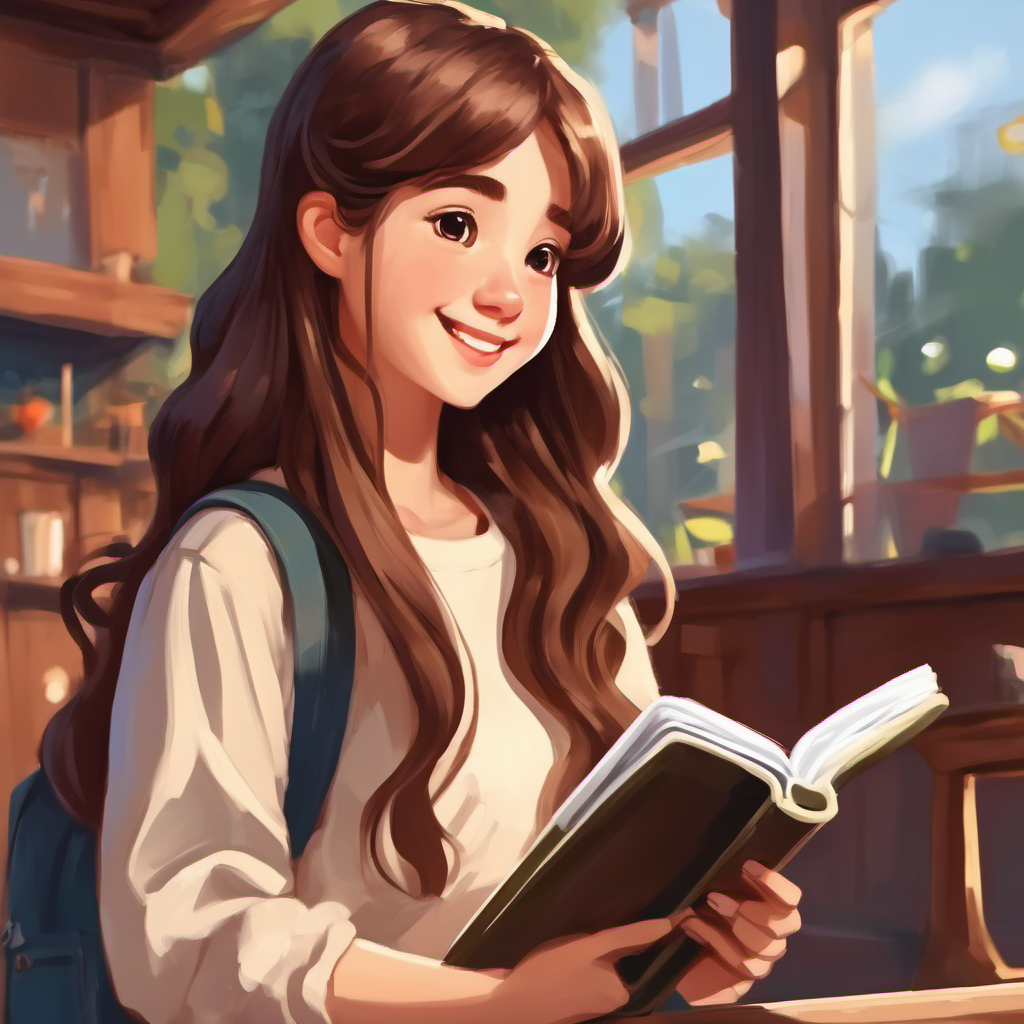 A shy girl with long brown hair, holding a sketchbook smiling and holding her phone