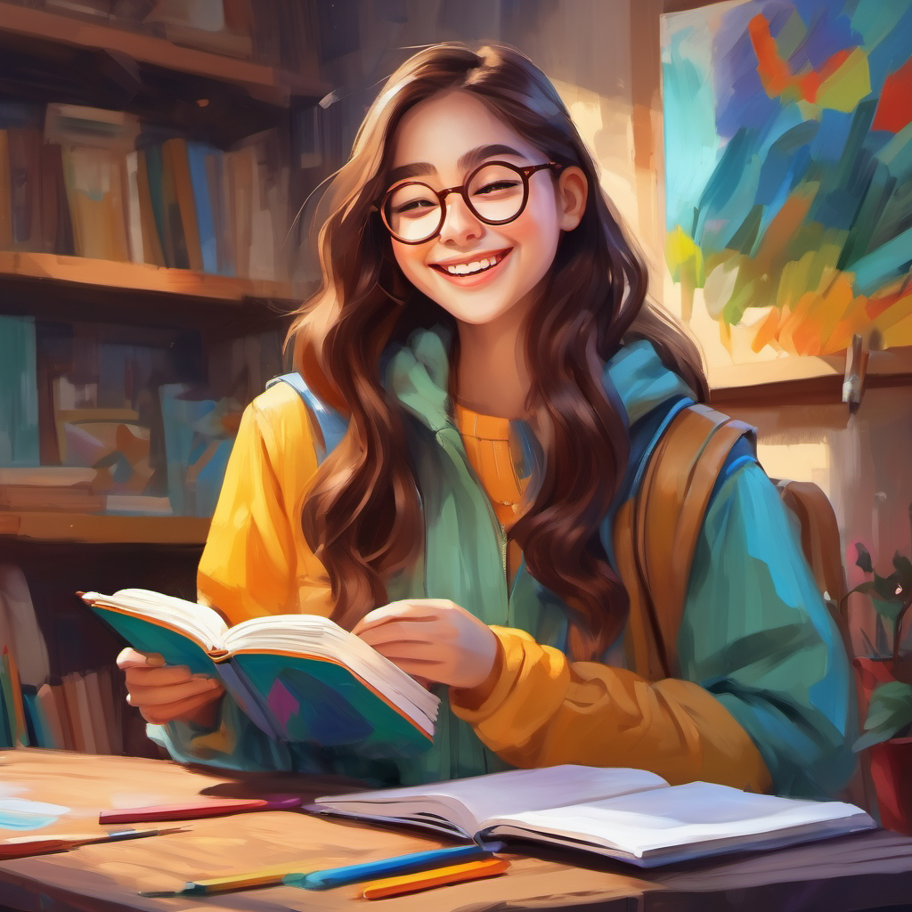 A creative girl with glasses, wearing colorful clothes and A shy girl with long brown hair, holding a sketchbook laughing and talking about art