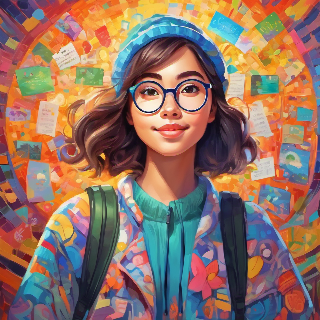A creative girl with glasses, wearing colorful clothes looking inspired, surrounded by positive messages