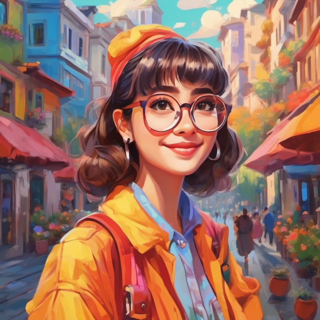 A creative girl with glasses, wearing colorful clothes posting positive comments and messages on Instagram