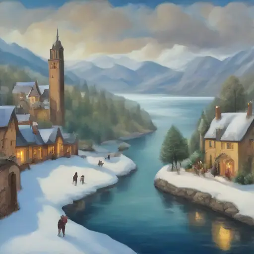 Loch Ness in winter; Nessie appears, village decorated for the holidays.