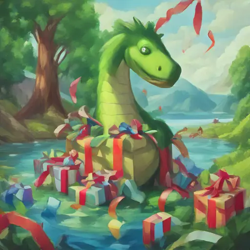 Nessie faces a division problem with a large present and ribbons.