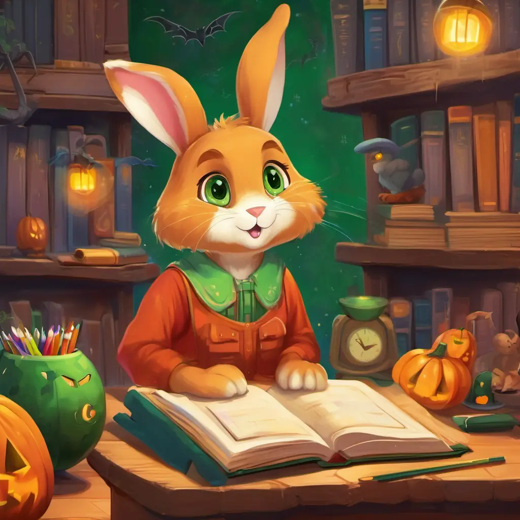 Brave, curious rabbit; Light brown fur and sparkling green eyes and her friends gathered in the classroom, surrounded by books and colorful drawings.
