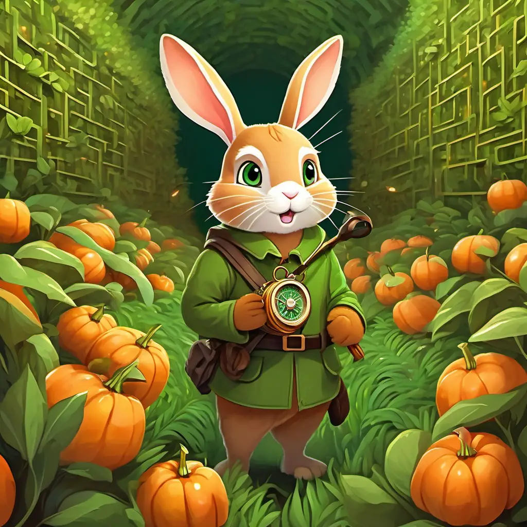 Brave, curious rabbit; Light brown fur and sparkling green eyes, a small light brown rabbit, holding a carrot-shaped compass, surrounded by tall hedges in the maze