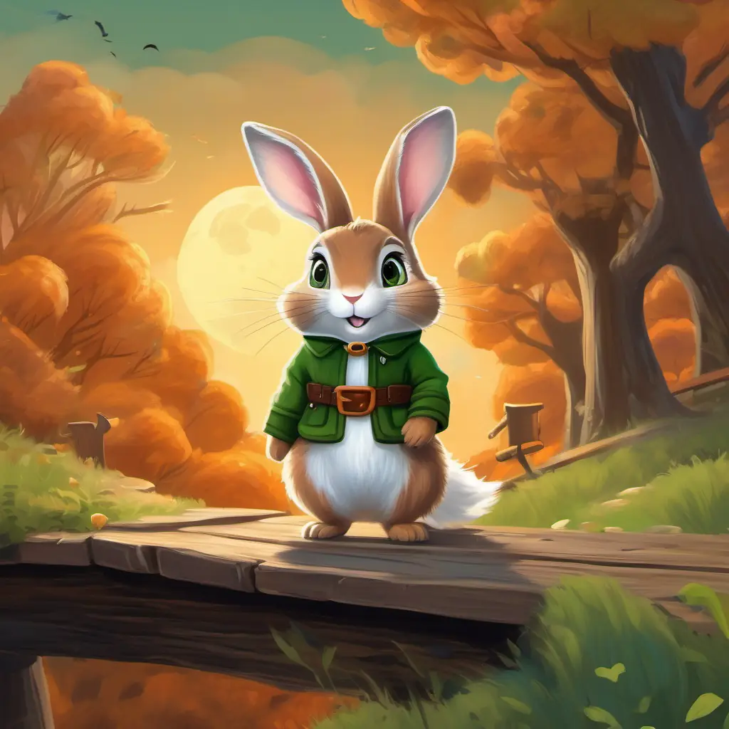 Brave, curious rabbit; Light brown fur and sparkling green eyes and her friends, including a squirrel with bushy tail, standing on a wobbly wooden bridge high up in the sky