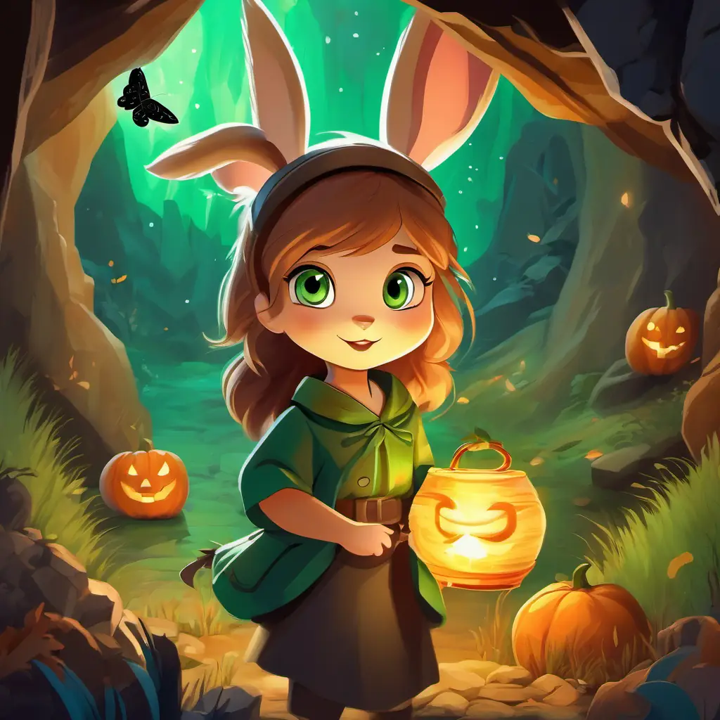Brave, curious rabbit; Light brown fur and sparkling green eyes, surrounded by scared animals, standing in front of a dark cave with a glowing butterfly flying above her