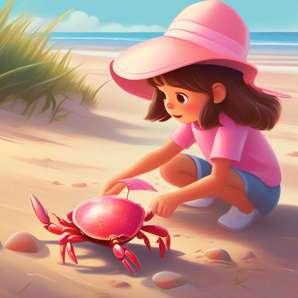 Curious girl with brown hair and a playful pink sun hat finds a struggling crab on the beach