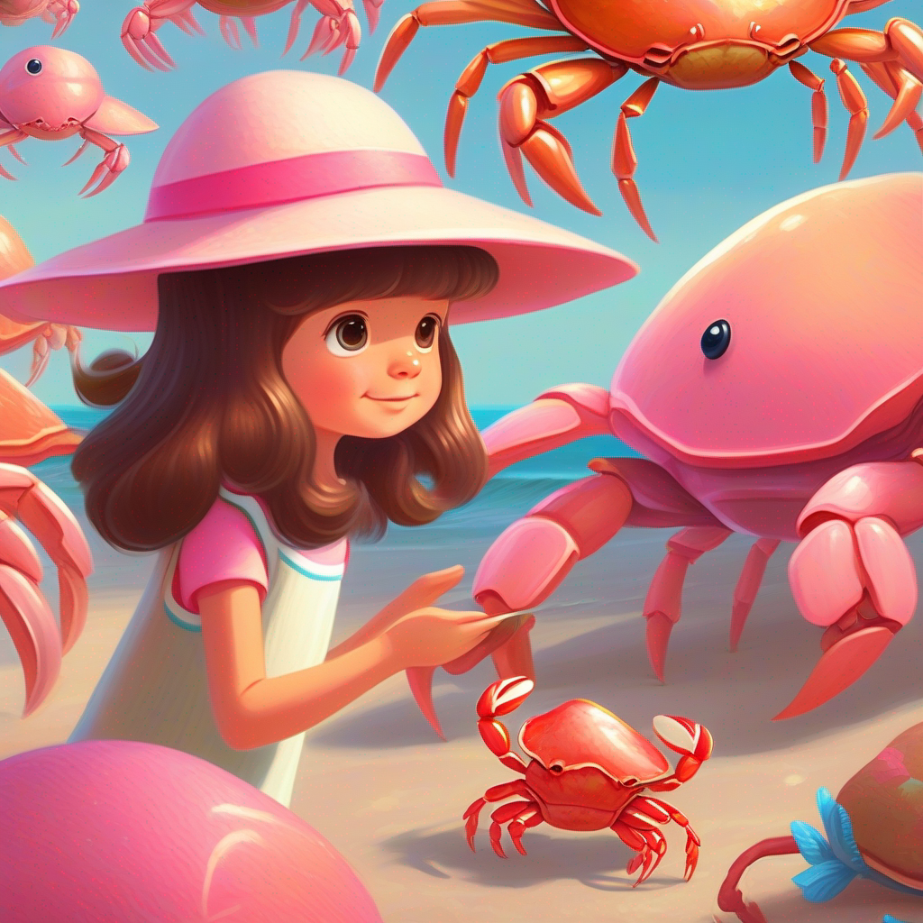 Curious girl with brown hair and a playful pink sun hat helps the crab and develops a bond with beach creatures