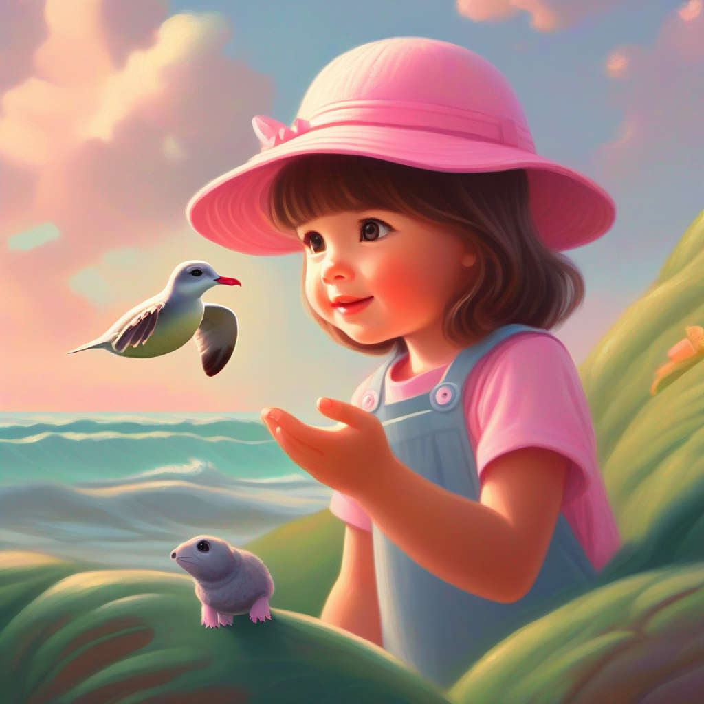 Curious girl with brown hair and a playful pink sun hat sees a seagull circling above a baby turtle