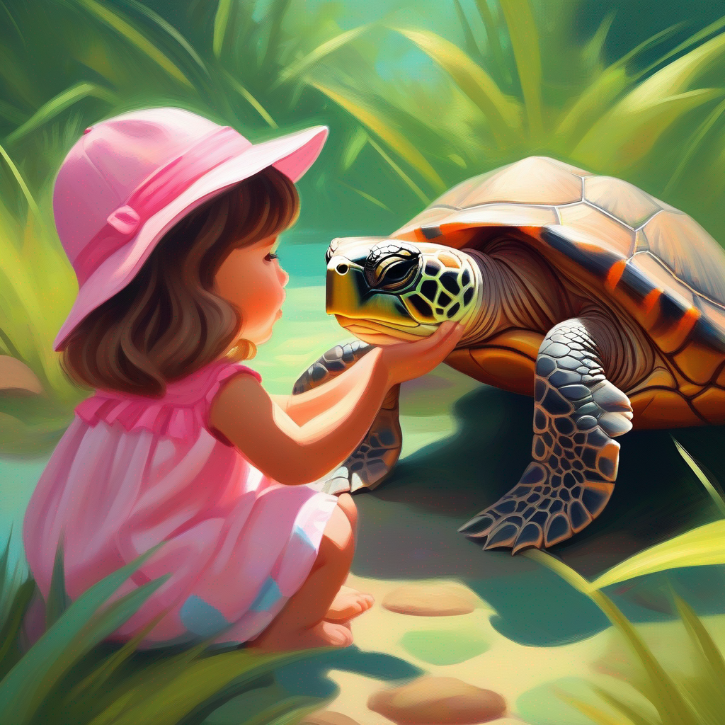 Curious girl with brown hair and a playful pink sun hat creates a shade for the baby turtle and protects it