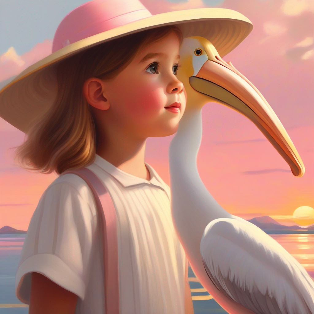 A pelican named Friendly pelican with white feathers and a golden beak recognizes Curious girl with brown hair and a playful pink sun hat's empathy