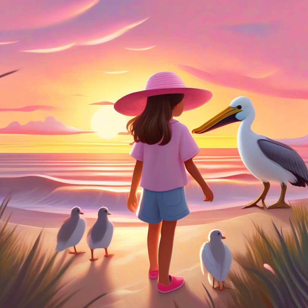 Curious girl with brown hair and a playful pink sun hat joins Friendly pelican with white feathers and a golden beak to protect the beach and its creatures