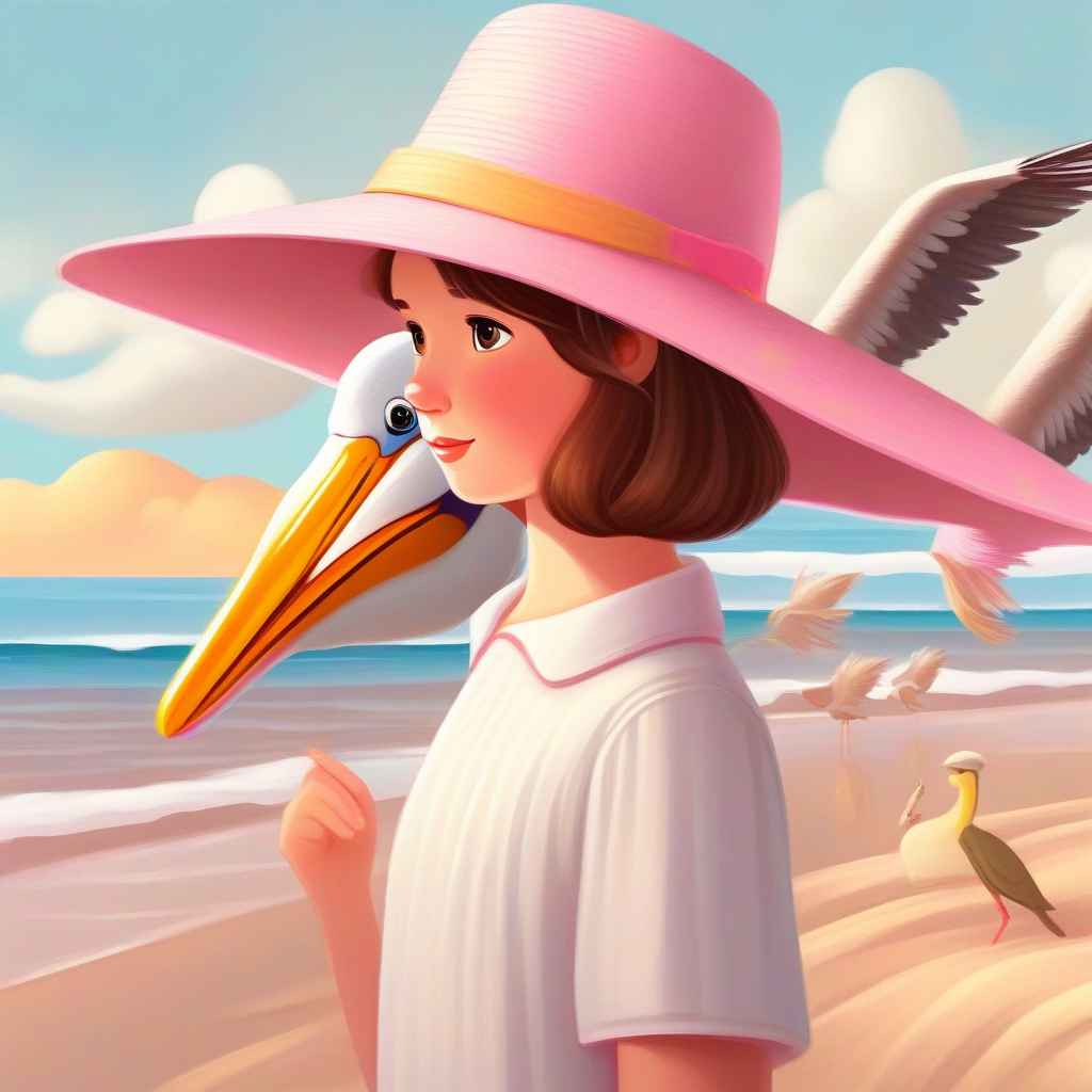 Curious girl with brown hair and a playful pink sun hat and Friendly pelican with white feathers and a golden beak make the beach a safe haven