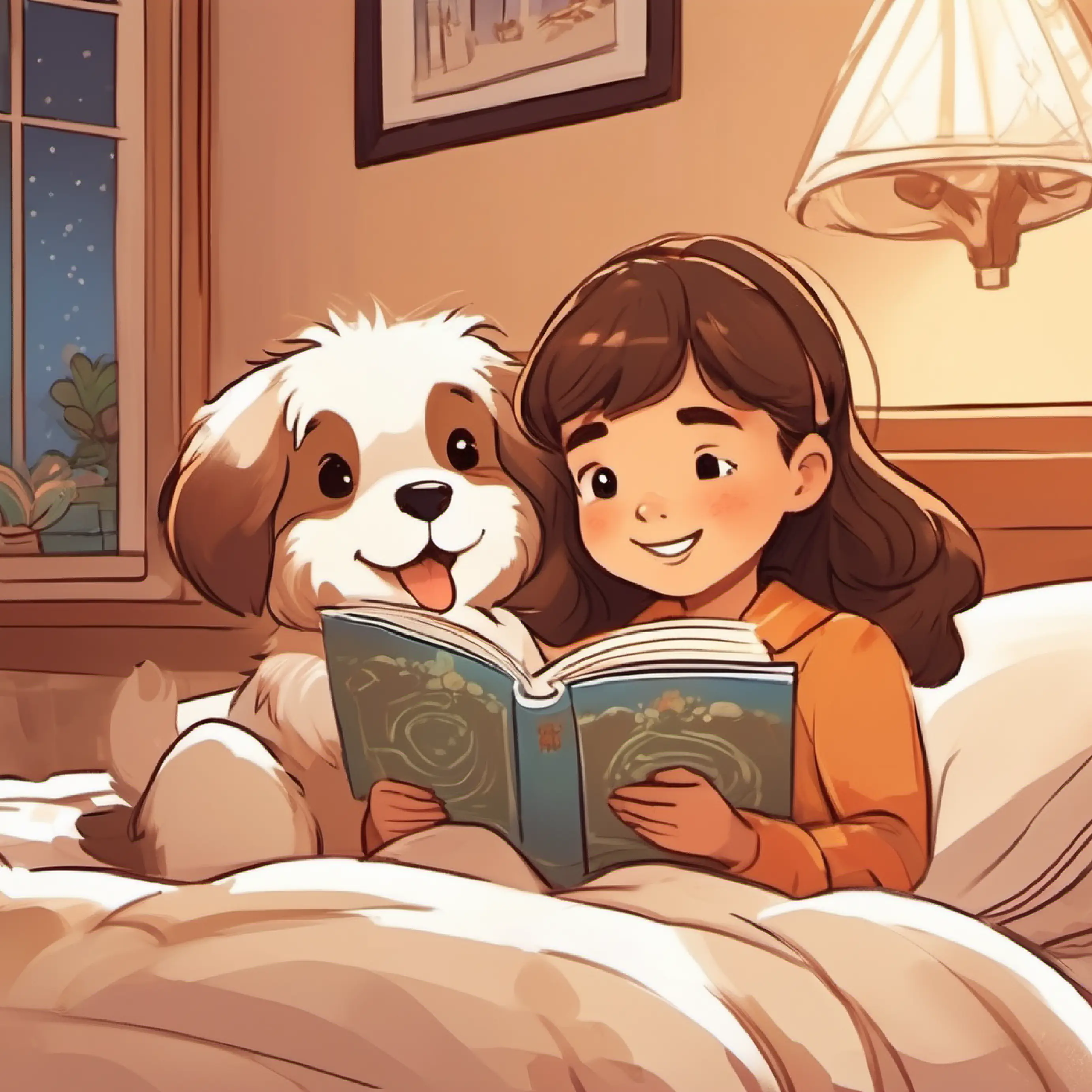 Young girl, and Puppy, fluffy brown AND WHITE fur, cheerful brown eyes, at home reading a book ON THE BED TOGETHER
