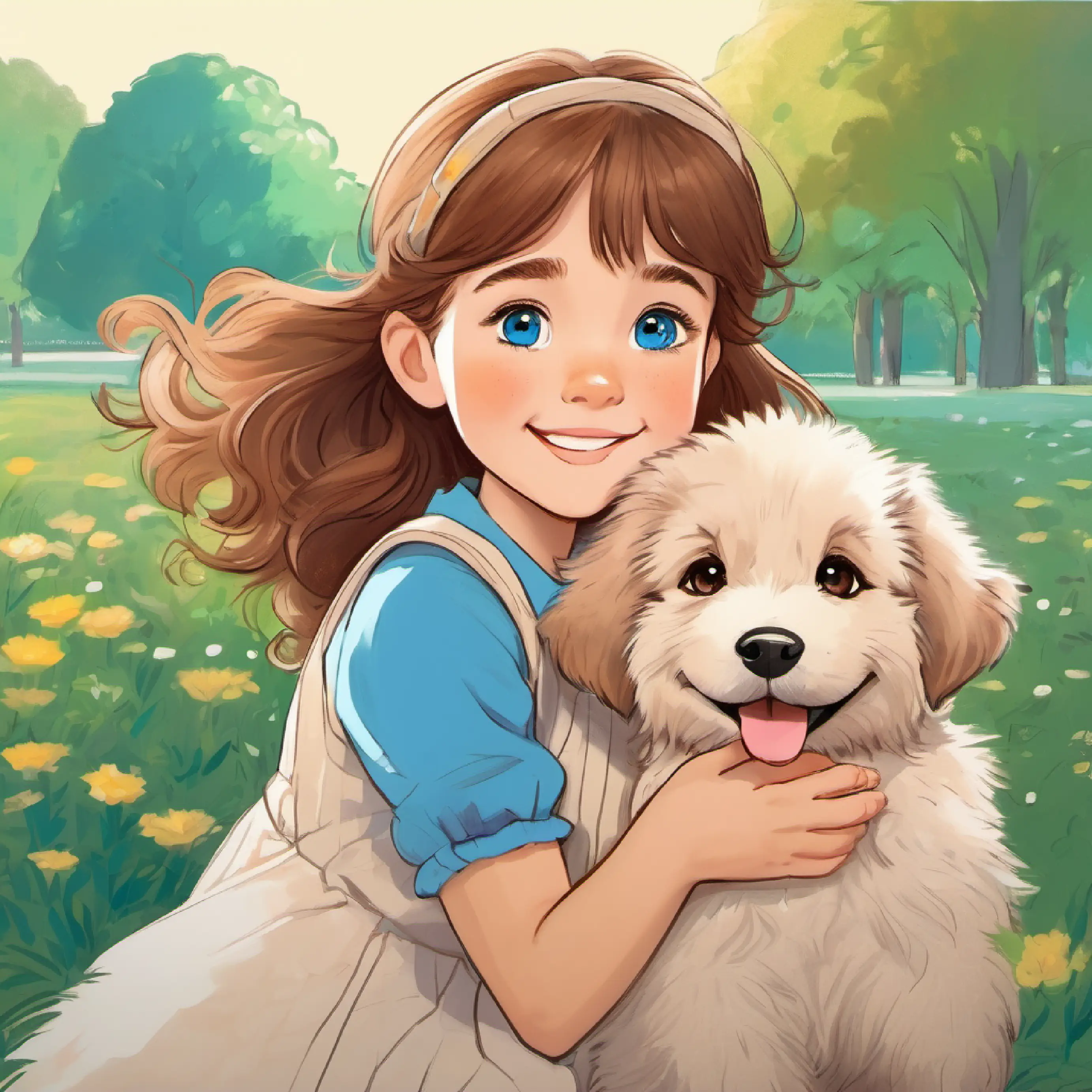 Young girl, brown hair, blue eyes, always smiling and Puppy, fluffy brown fur, cheerful brown eyes, hugging IN THE PARK..