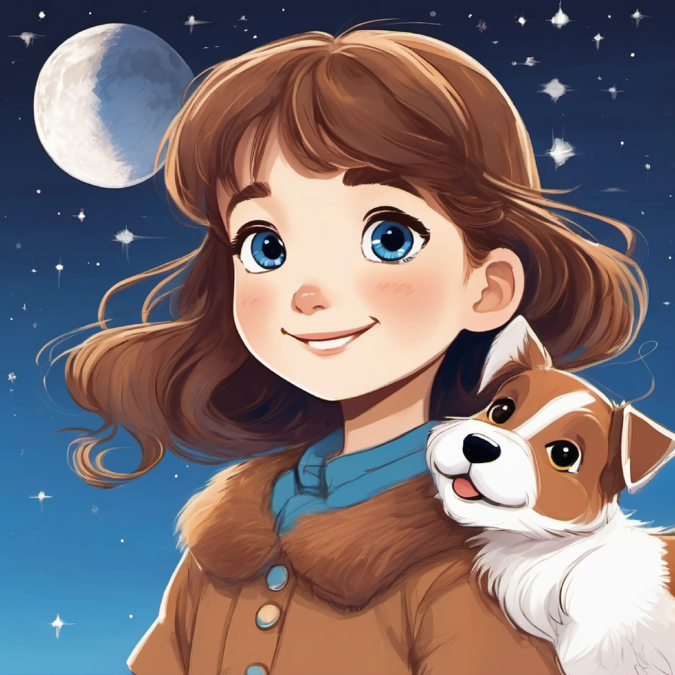 Young girl, brown hair, blue eyes, always smiling and Puppies, fluffy brown AND WHITE fur, looking at the moon.