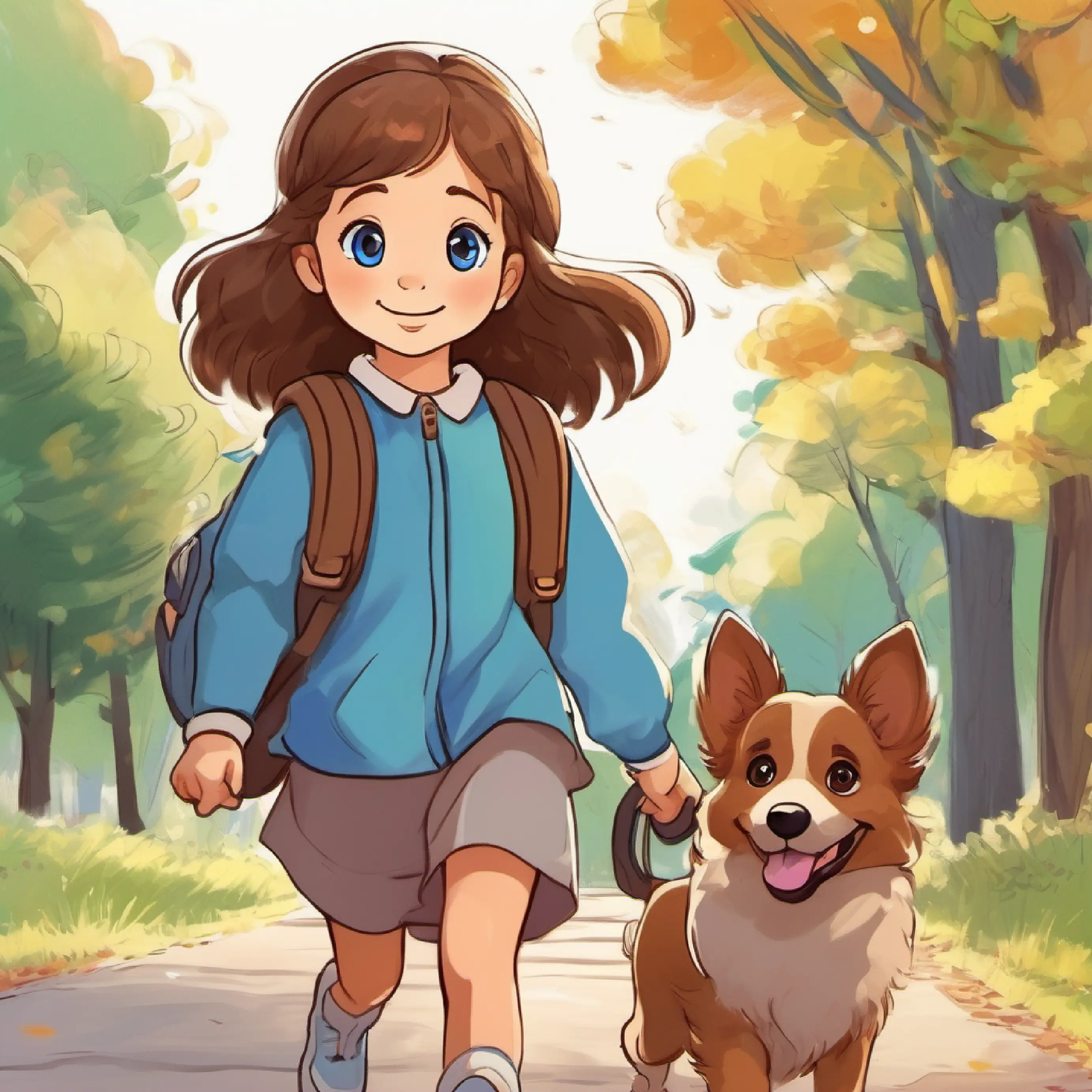 Young girl, brown hair, blue eyes, always smiling and Puppy, fluffy brown fur, cheerful brown eyes, walking in the park.
