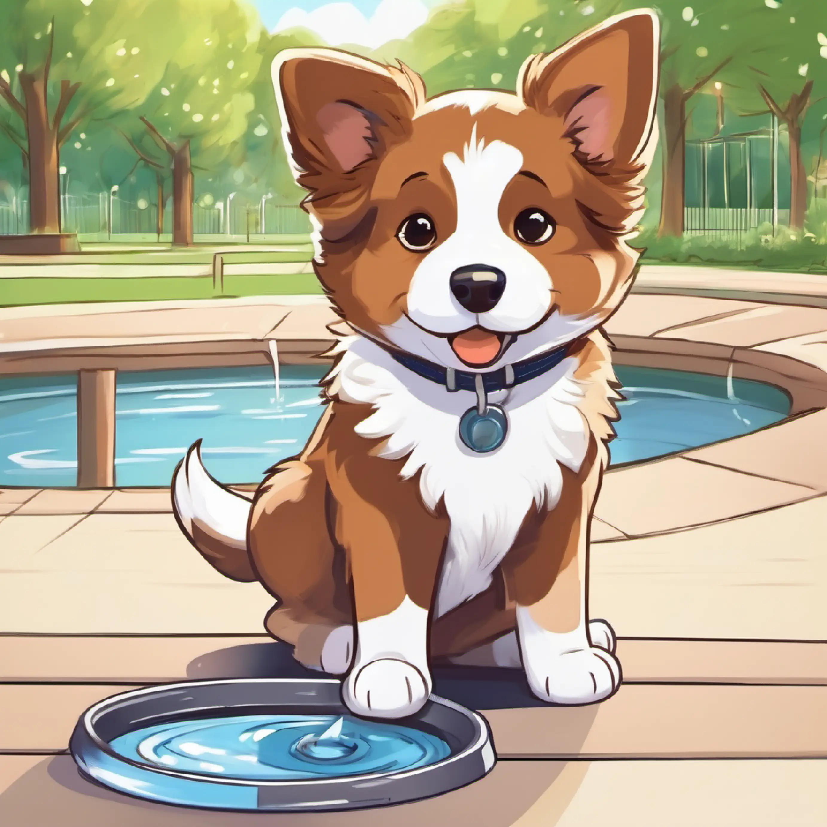 Puppy, fluffy brown and white fur, cheerful brown eyes, drinking water from a pet bowl. Puppy is at the park.