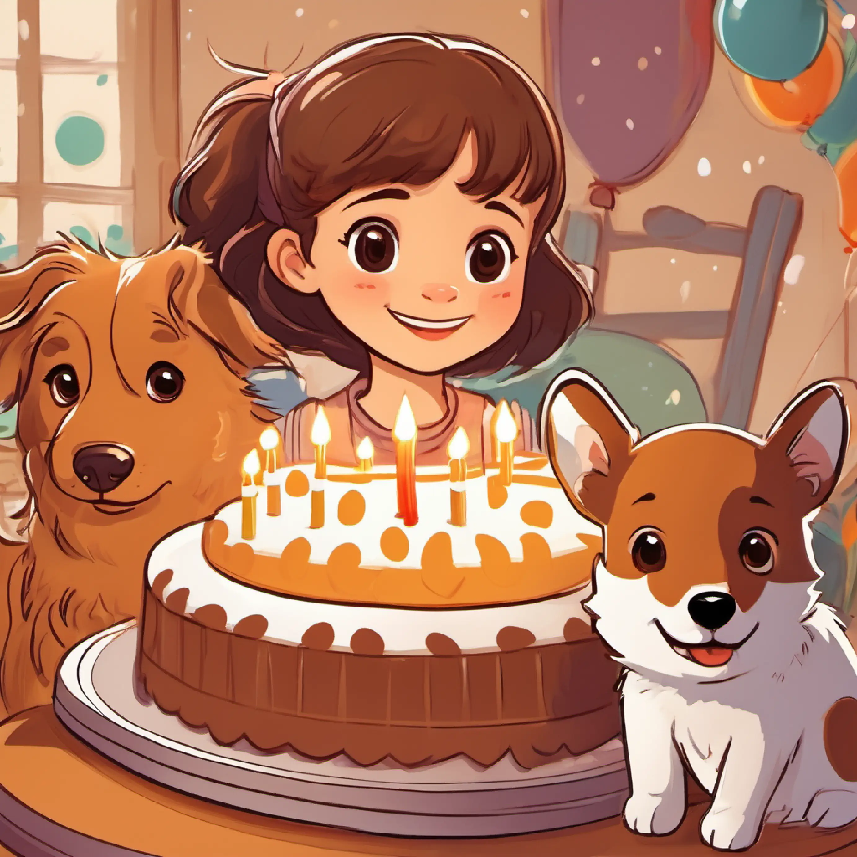 Young girl, dogs, fluffy brown and white fur, cheerful brown eyes, with a birthday cake.