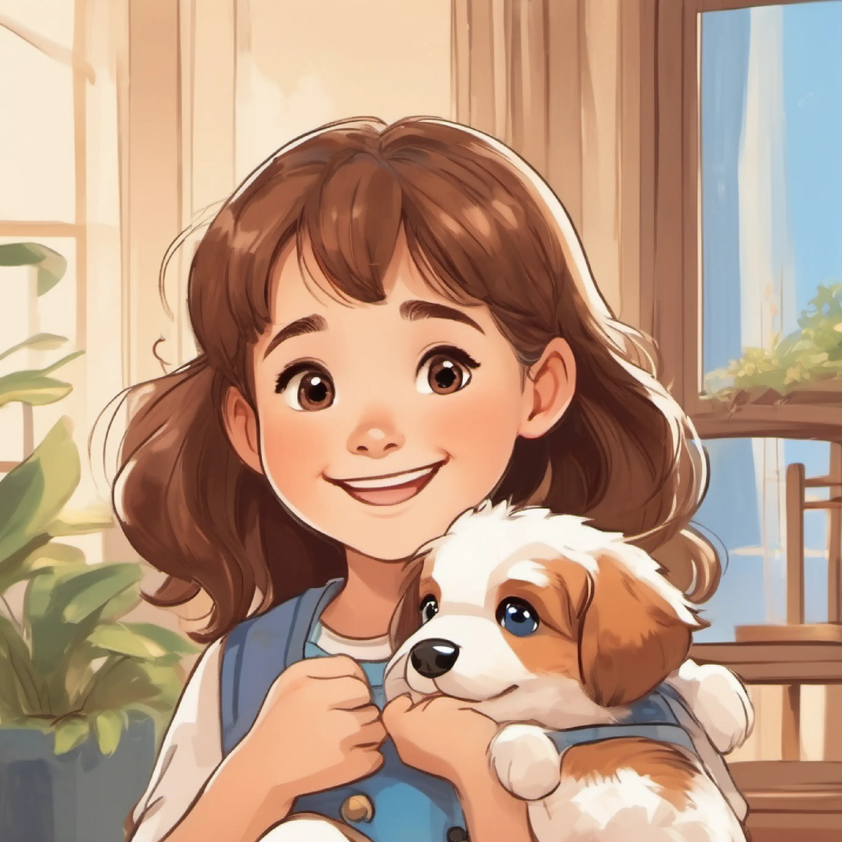 Young girl, brown hair, blue eyes, always smiling and Puppy, fluffy brown and white fur, cheerful brown eyes, full of energy introduction, at home