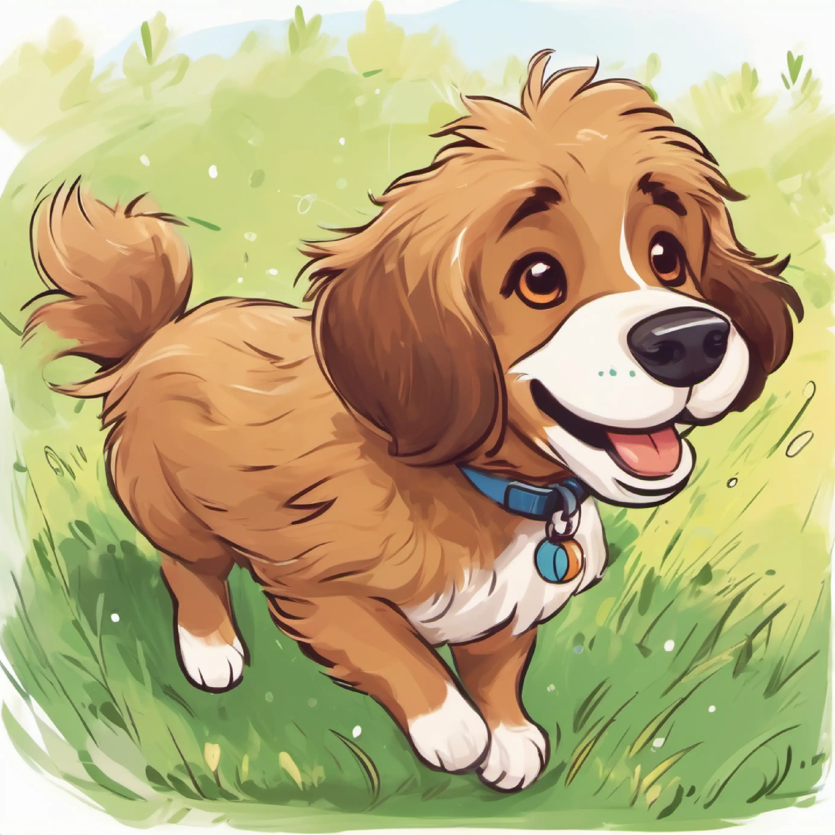 Puppy, fluffy brown fur, cheerful brown eyes, full of energy chasing a ball in the park.