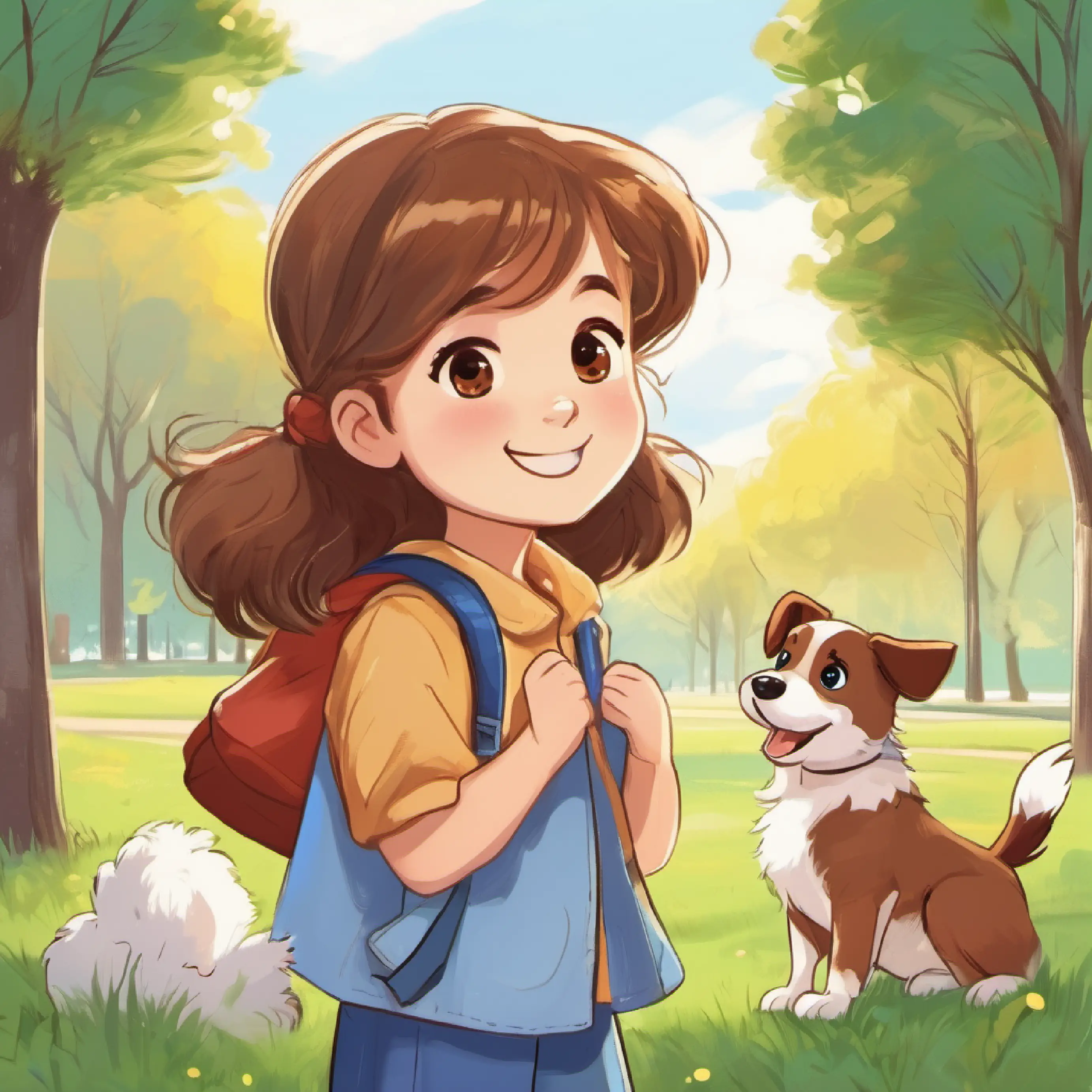 Young girl, brown hair, blue eyes, always smiling and Puppy, fluffy brown and white fur, cheerful brown eyes, full of energy in the park
