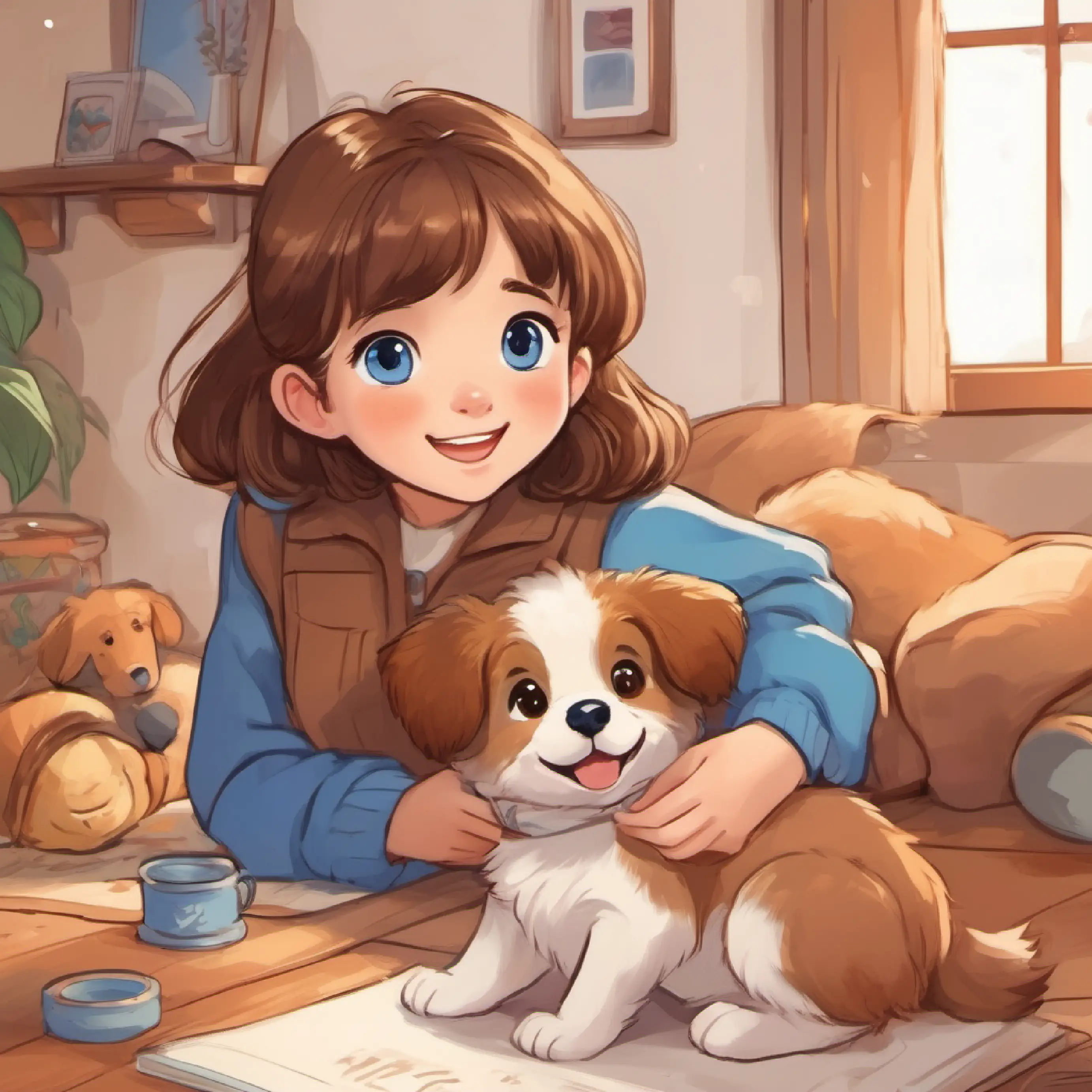 Young GIRL, brown hair, blue eyes, always smiling and Puppies, fluffy brown and white fur, cheerful brown eyes, full of energy introduction, at home